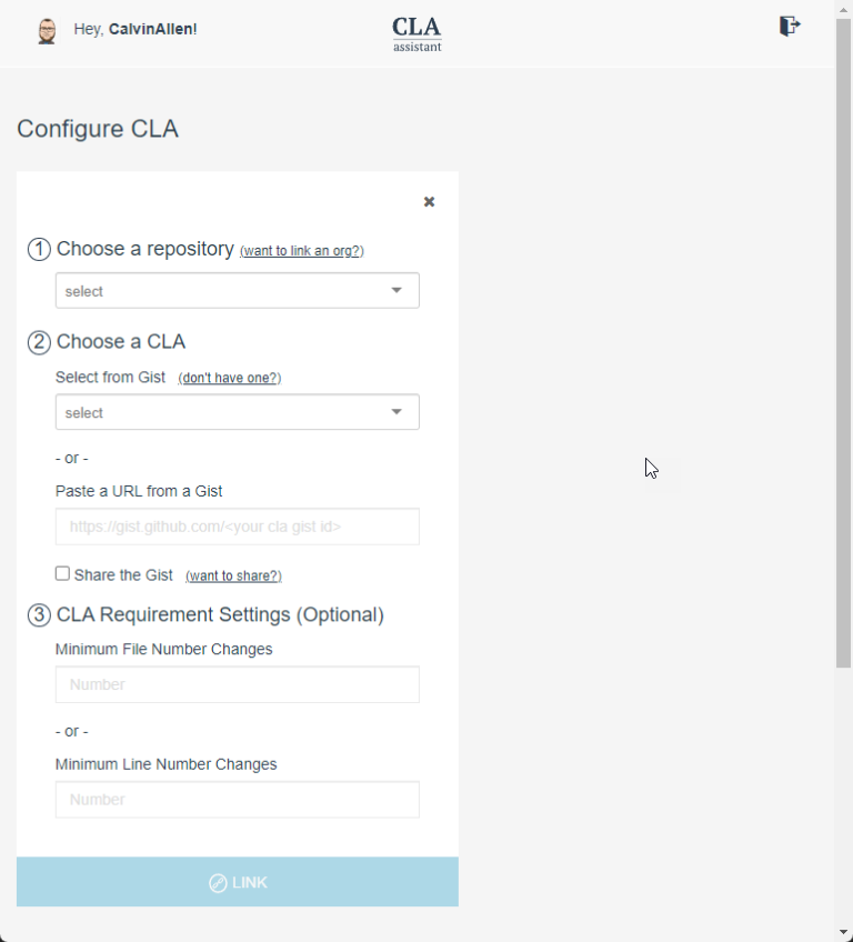 CLA Assistant - Configure CLA Dialog