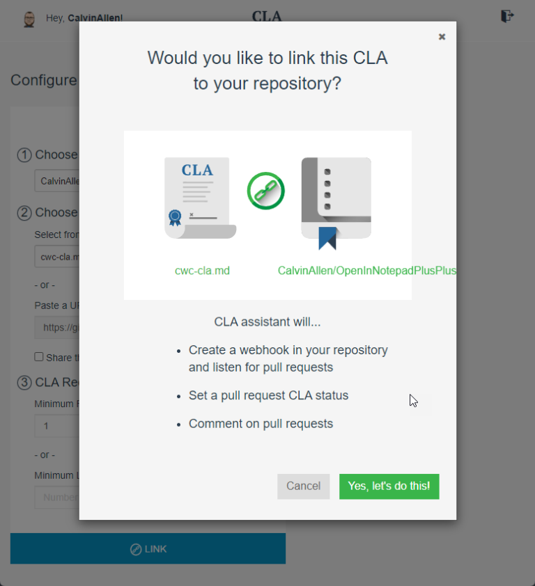 CLA Assistant - Confirm Link Dialog