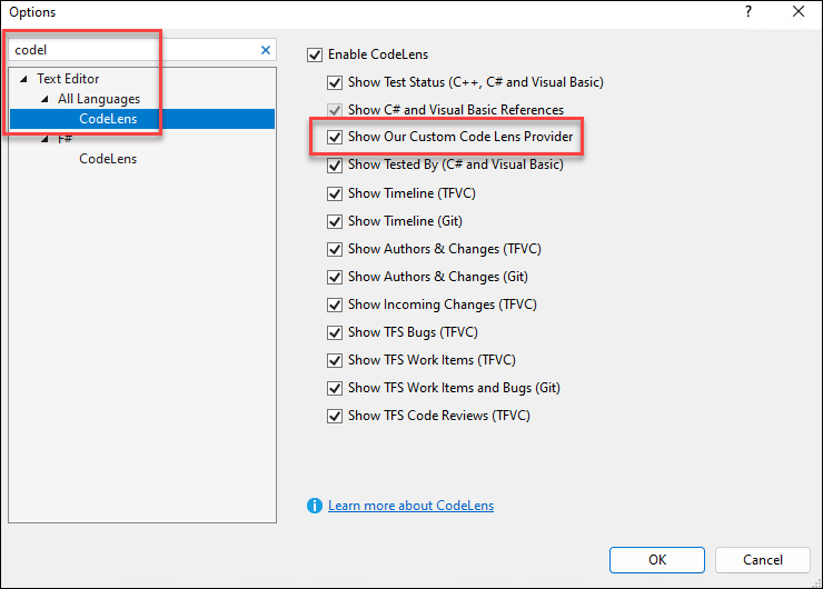 Enable / Disable Code Lens from the Options dialog